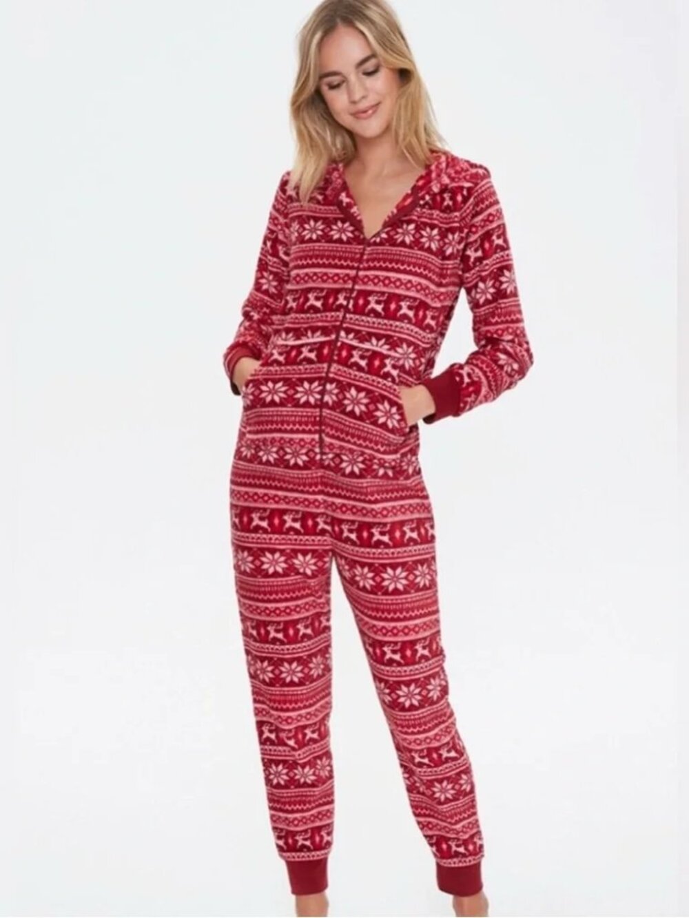 FOREVER 21 NEW Red Fair Isle Fleece Hooded One Piece Pajama Zip Closure sz S